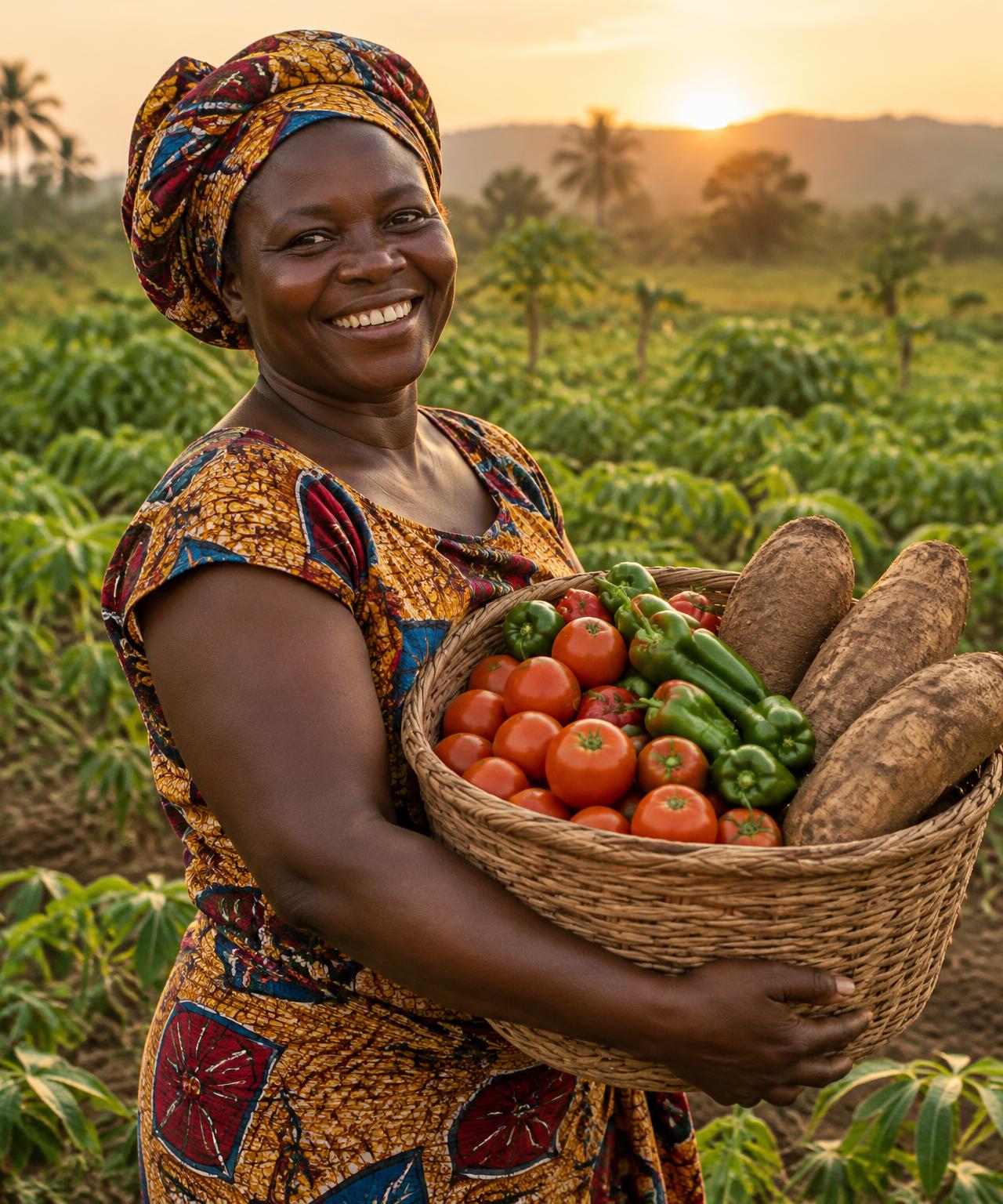 Farmer holding a basket of fresh tomatoes, peppers and yams